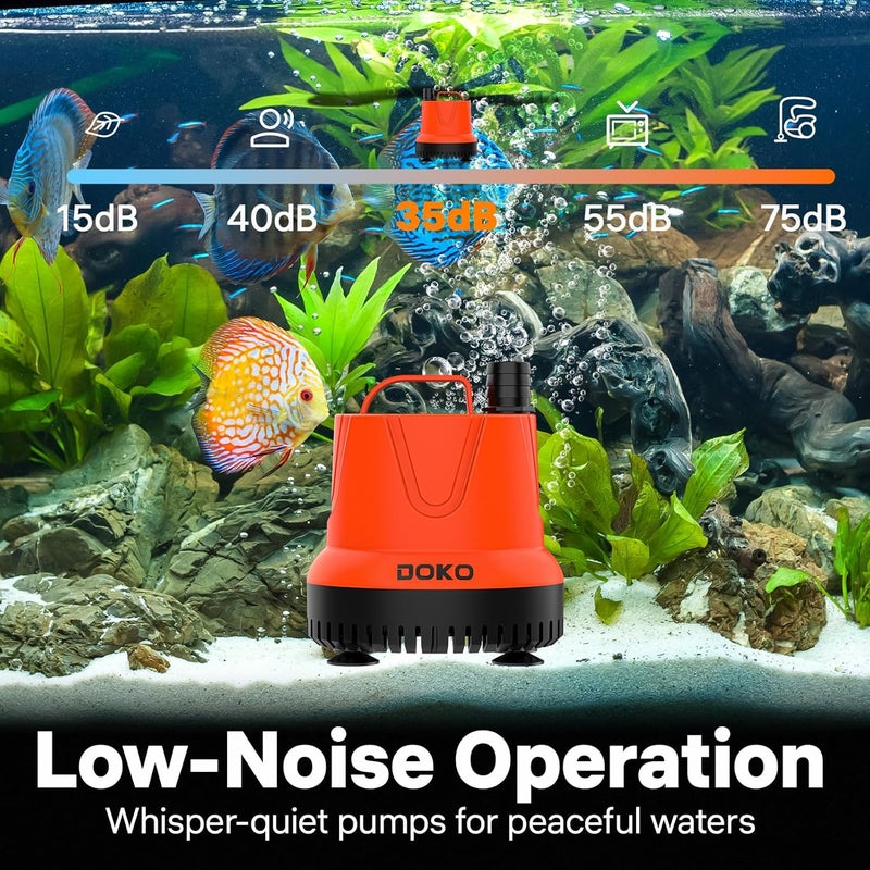 DOKO Small Submersible Water Pump, 850GPH Fish Tank Water Pump with 6FT Power Cord and Handle, Ultra Quiet Pond Pumps with 4 Nozzles and 4 Suction Cups, Pump for Fish Tank Pond Aquarium, Orange Black - Image 3
